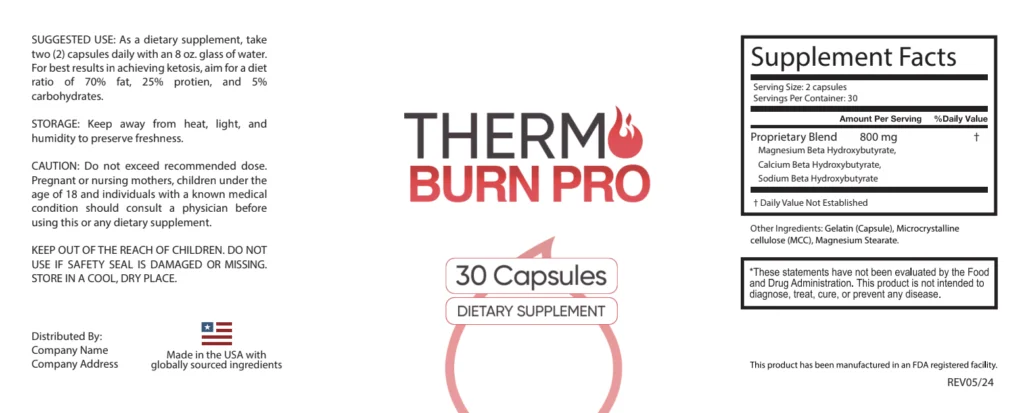 Thermoburn Pro Official Supplement Facts Label